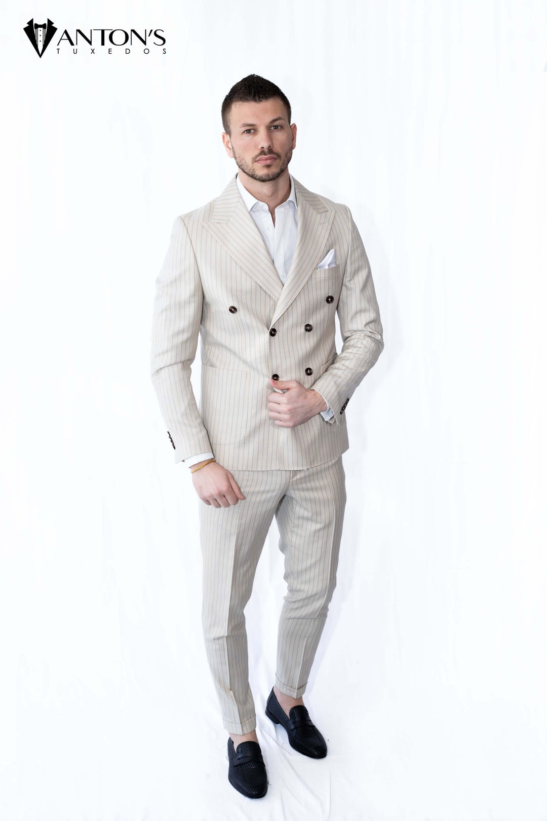 Classic tuxedo style from Anton's summer collection, 100% Italian wool, perfect for wedding tuxedos, formal menswear, and black tie events.