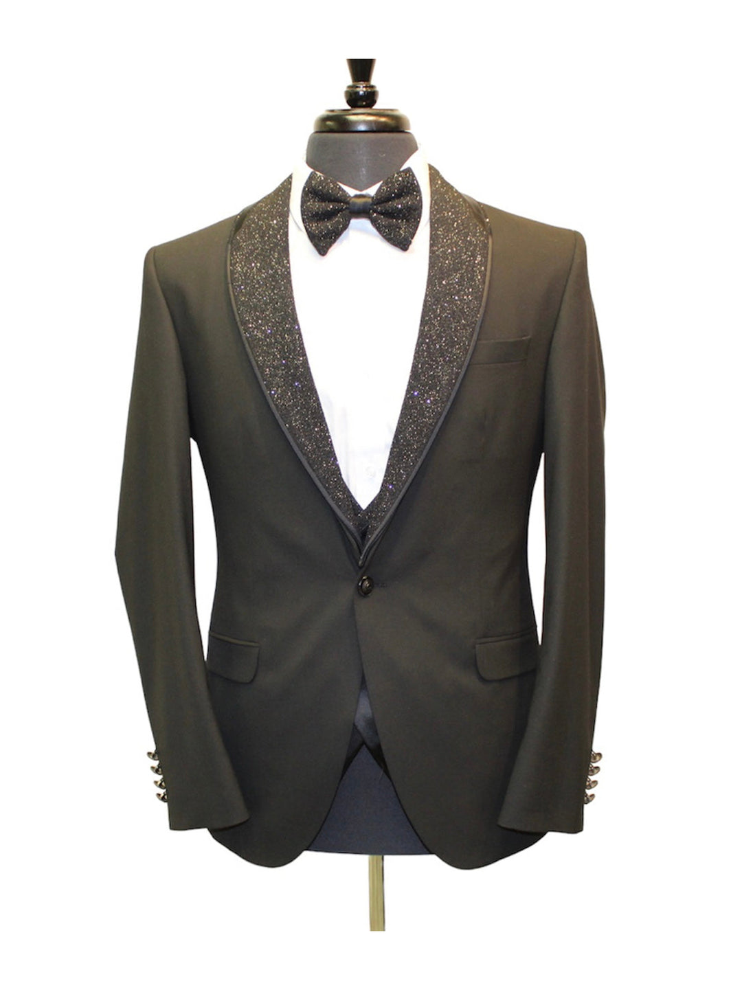 Black and Gold Glitter Lapel Tuxedo with Bowtie and Pants. 65% Polyester, 35% Viscose. Elegant Formal Wear.