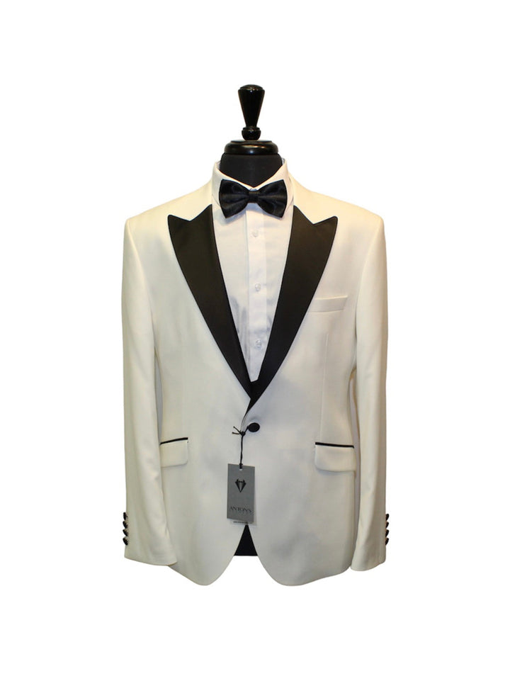 Off-White grooms tuxedo with satin peak black lapels, matching satin black vest, bow tie, and pants, 60% wool and 40% visco