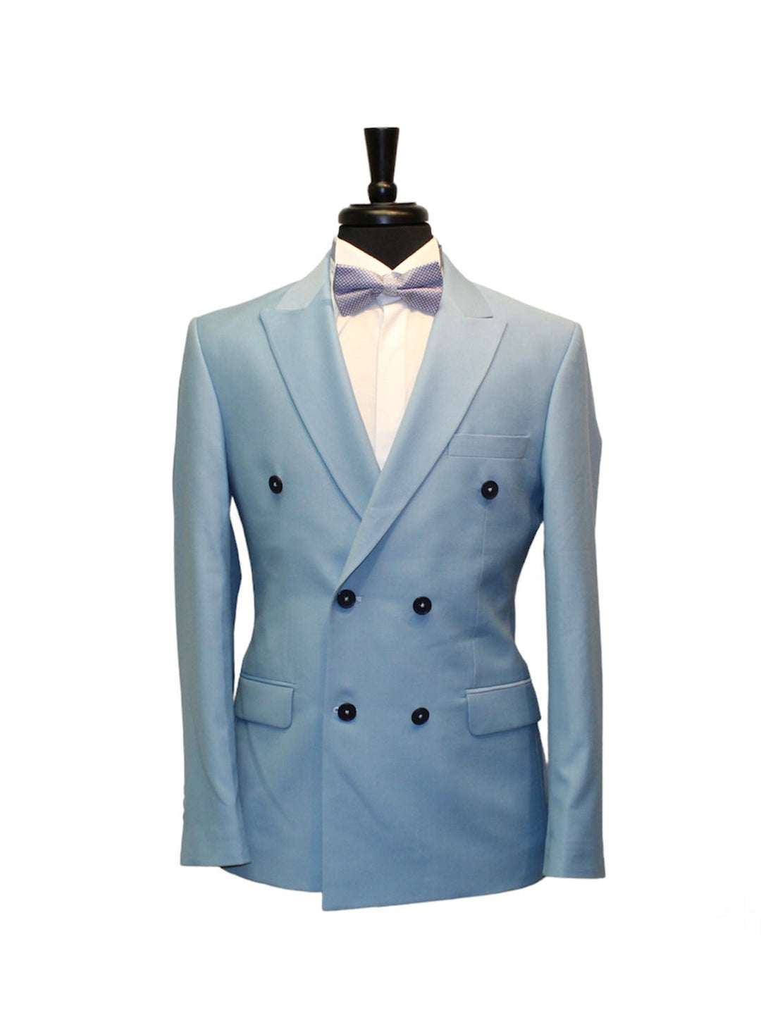 Light blue double breasted suit, slim fit, made of 60% wool and 40% viscose, displayed on a mannequin.