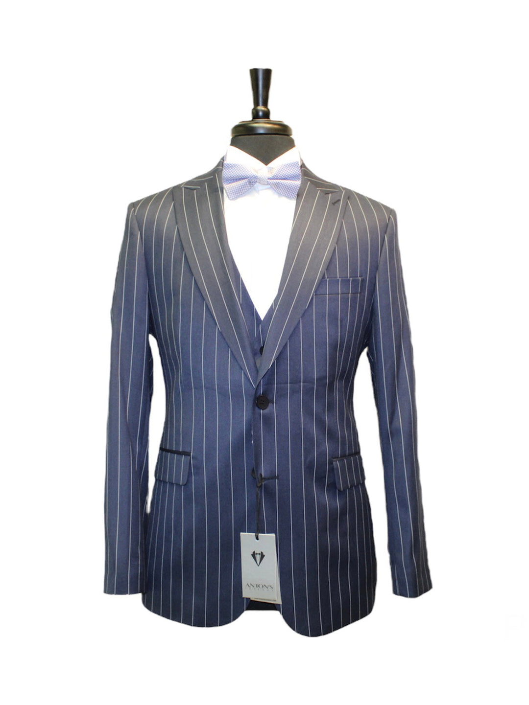 Navy striped slim fit suit with white bow tie, made of 60% wool and 40% visco, displayed on mannequin.