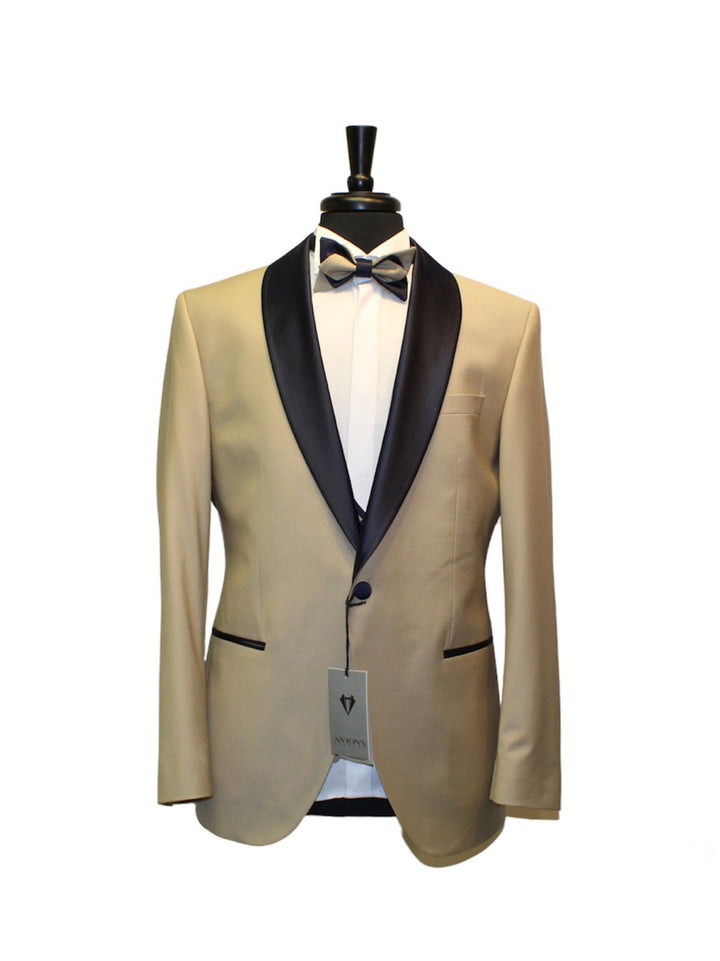 Beige tuxedo with navy lapels, slim fit three-piece set including jacket, vest, and pants, made of 86% wool, 10% polyamid, and 4% elastin.