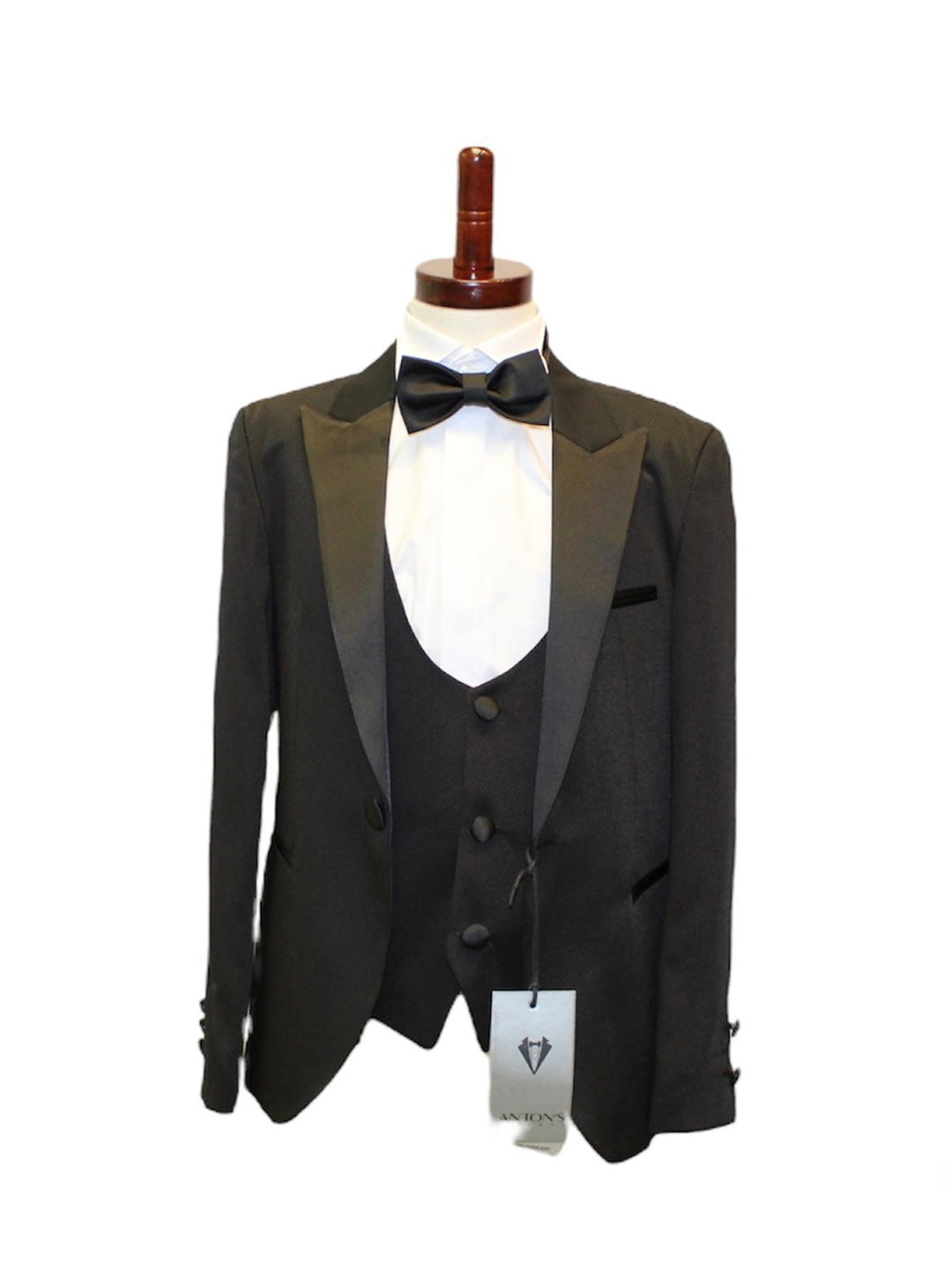 Kids black tuxedo, slim fit, 55% Viskon, 45% Polyester, perfect for formal events.