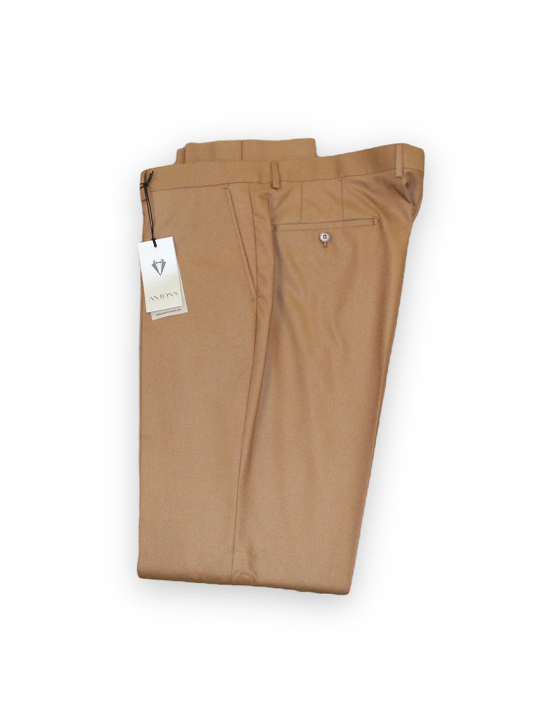 Slim fit beige dress pants neatly folded with a tag attached.