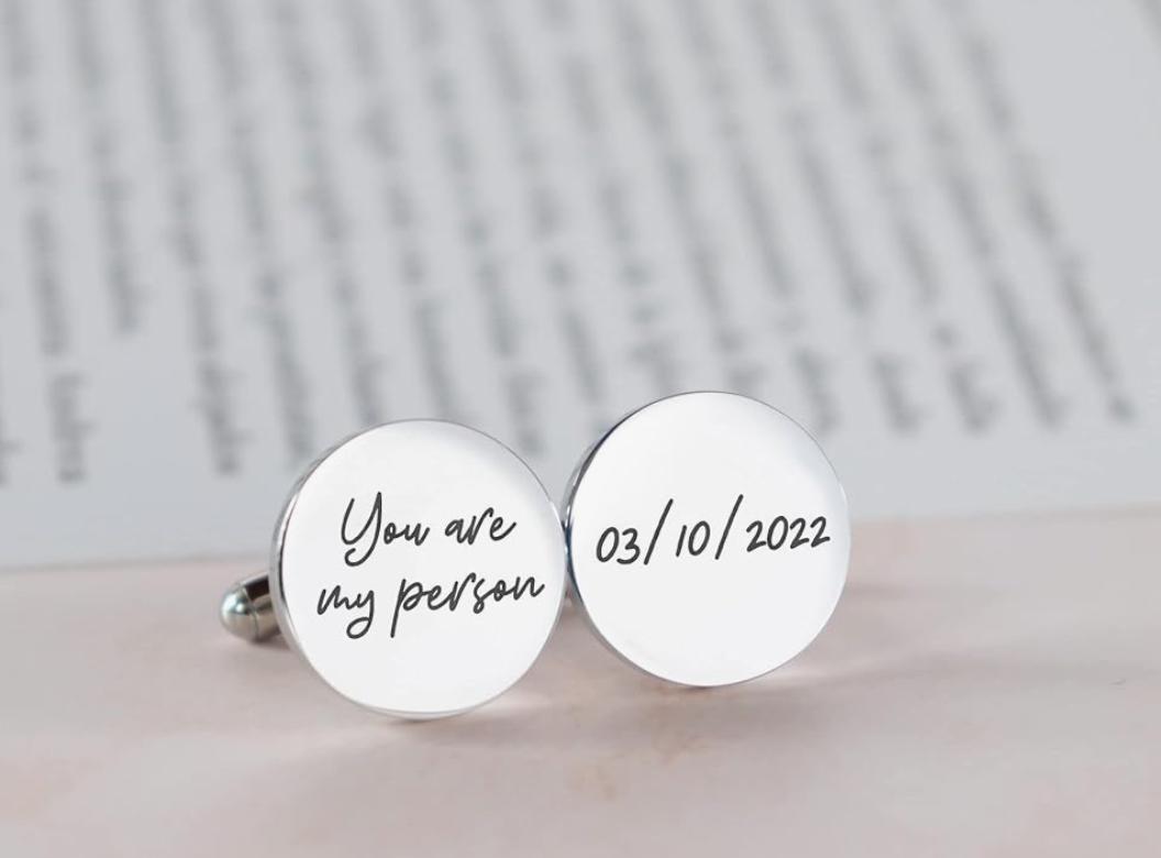 Custom engraved wedding cufflinks with "You are my person" and wedding date 03/10/2022, personalized cufflinks for groom