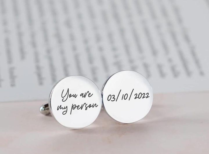 Custom engraved wedding cufflinks with "You are my person" and wedding date 03/10/2022, personalized cufflinks for groom