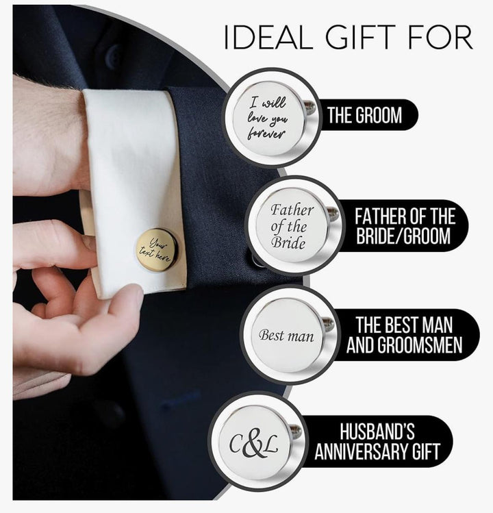 Ideal gift options for groom, father of the bride, best man, groomsmen, and husband's anniversary featuring personalized custom cufflinks.
