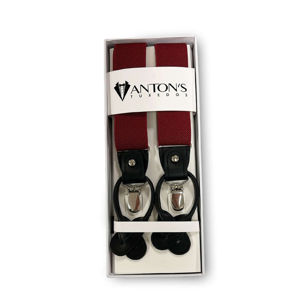 Red men's convertible closure suspenders by Anton's Tuxedos, perfect for wedding tuxedos, formal menswear, and groom attire.