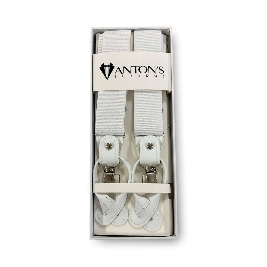 Men's convertible closure suspenders for wedding tuxedos by Anton's Tuxedos, formal menswear for groom and groomsmen attire.