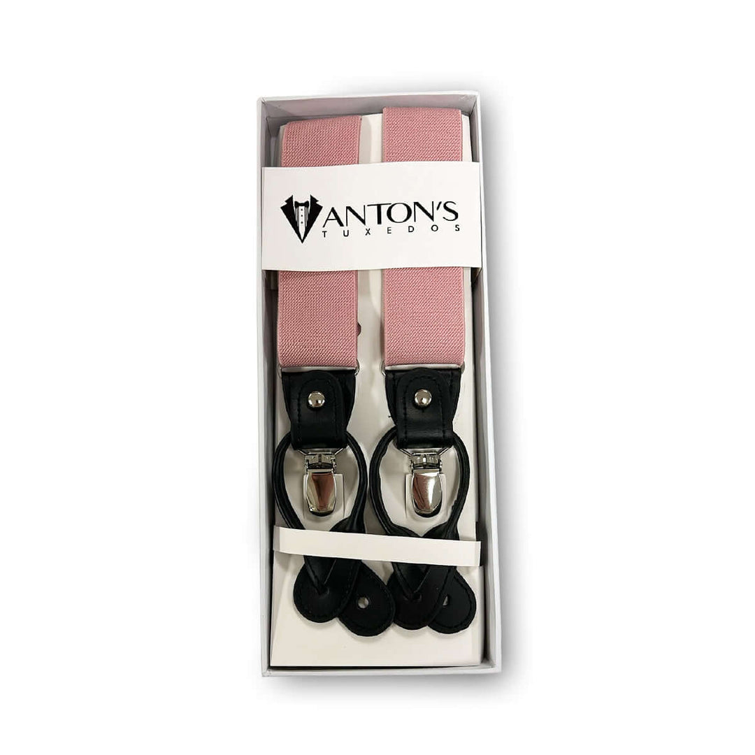 Pink men's suspenders by Anton's Tuxedos with convertible closure options, ideal for wedding tuxedos, formal menswear, and groomsmen outfits.
