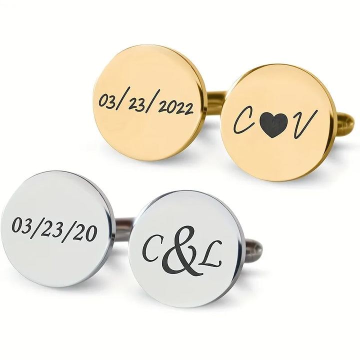 Custom engraved gold and silver cufflinks for men, featuring wedding dates and initials, perfect for grooms and personalized gifts.
