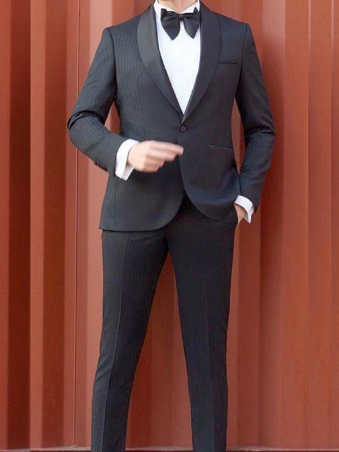 Chloes Shawl Tuxedo Pre Order Only, made with Reda fabric from Italy, elegant black suit with bow tie.