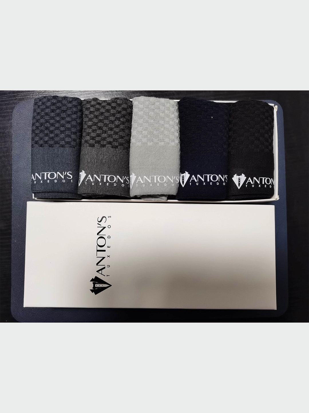 5-Pack Bamboo Fiber Assorted Socks in various colors on display with Anton's Luxury brand packaging