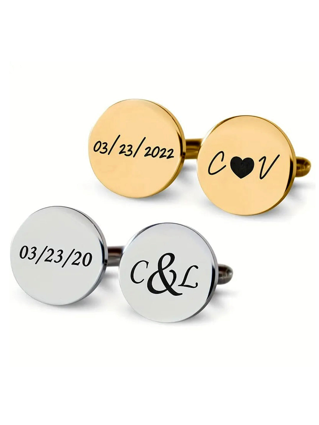 Customized engraved name cufflinks in gold and silver, personalized wedding cufflinks for groom with initials and dates, stainless steel.