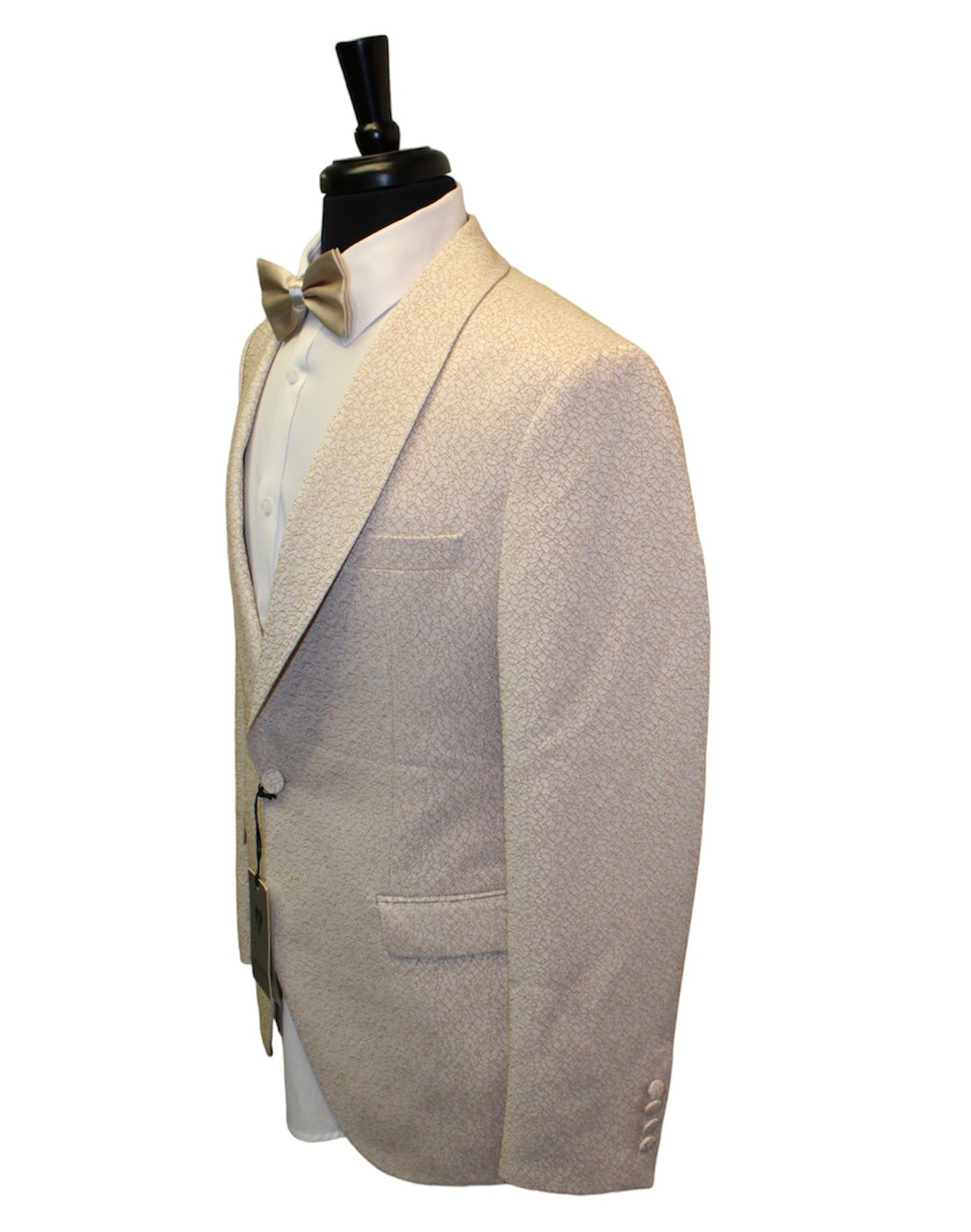 Champagne Tuxedo with complimentary pants displayed on a mannequin, made with 65% Viscose and 35% Acetate, bow-tie sold separately.