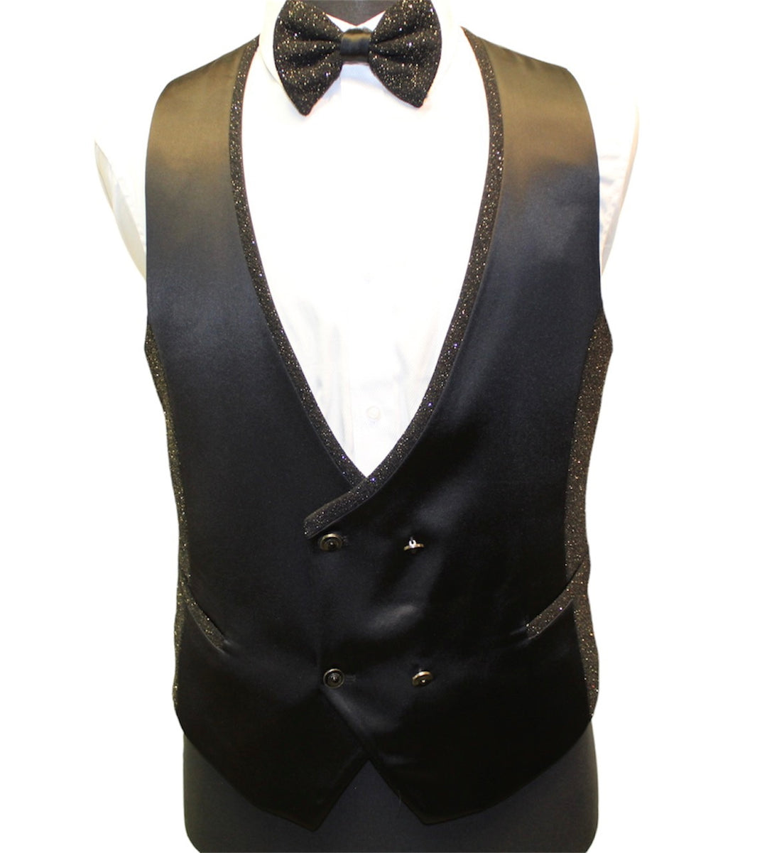 Black and gold glitter vest with matching bowtie, part of a one-of-a-kind gold tuxedo set, 65% polyester and 35% visco.