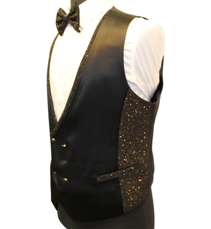 Black and gold glitter lapel tuxedo with matching bowtie and vest set