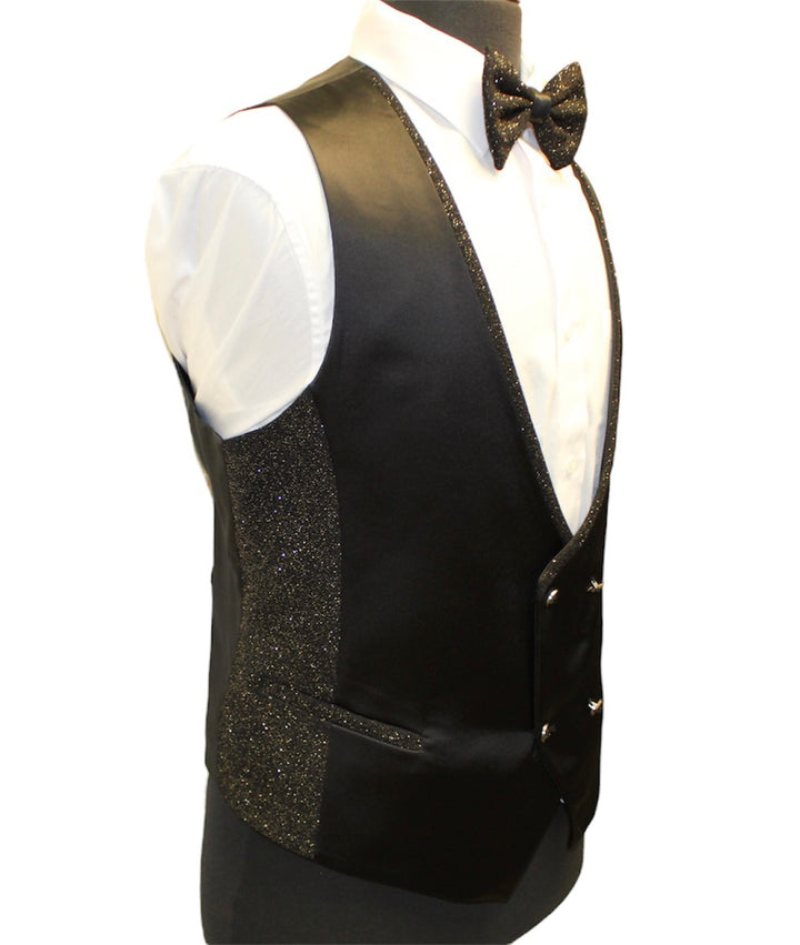 Black and gold glitter lapel tuxedo with matching vest and bowtie.