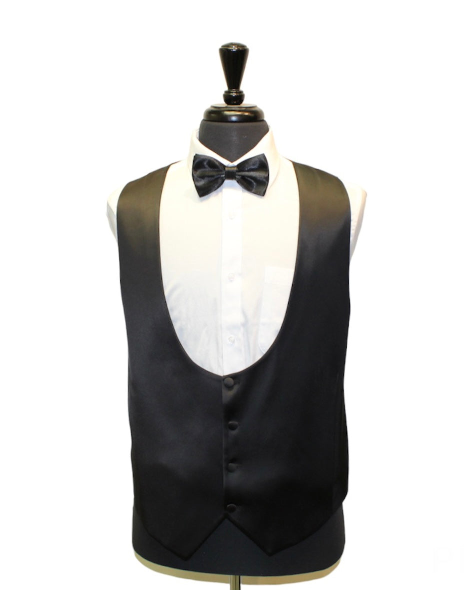 Off-White tuxedo with satin black vest and bow tie on a mannequin