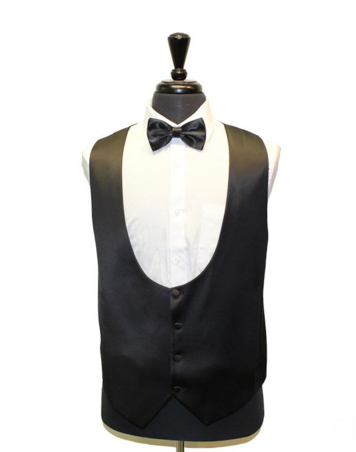 Off-White tuxedo with satin black vest and bow tie on a mannequin