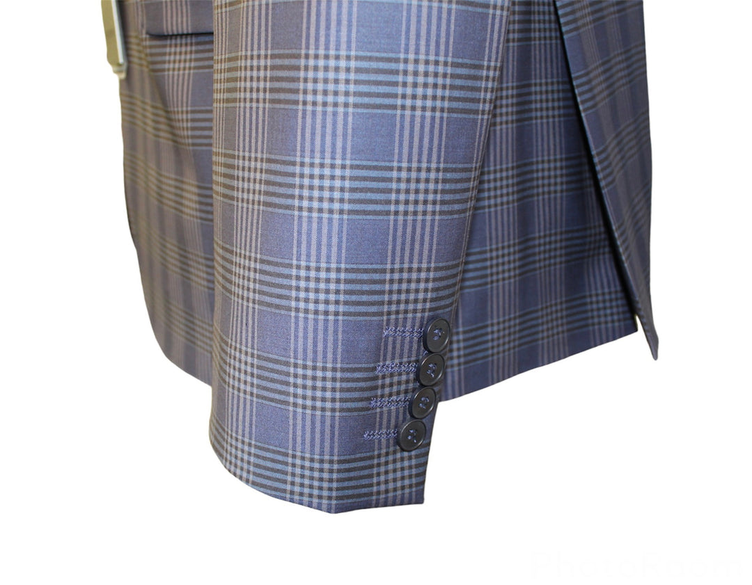 Close-up of checkered navy suit sleeve with buttons, 3 piece set including jacket, vest, and pants, made of 88% wool and ideal for special occasions