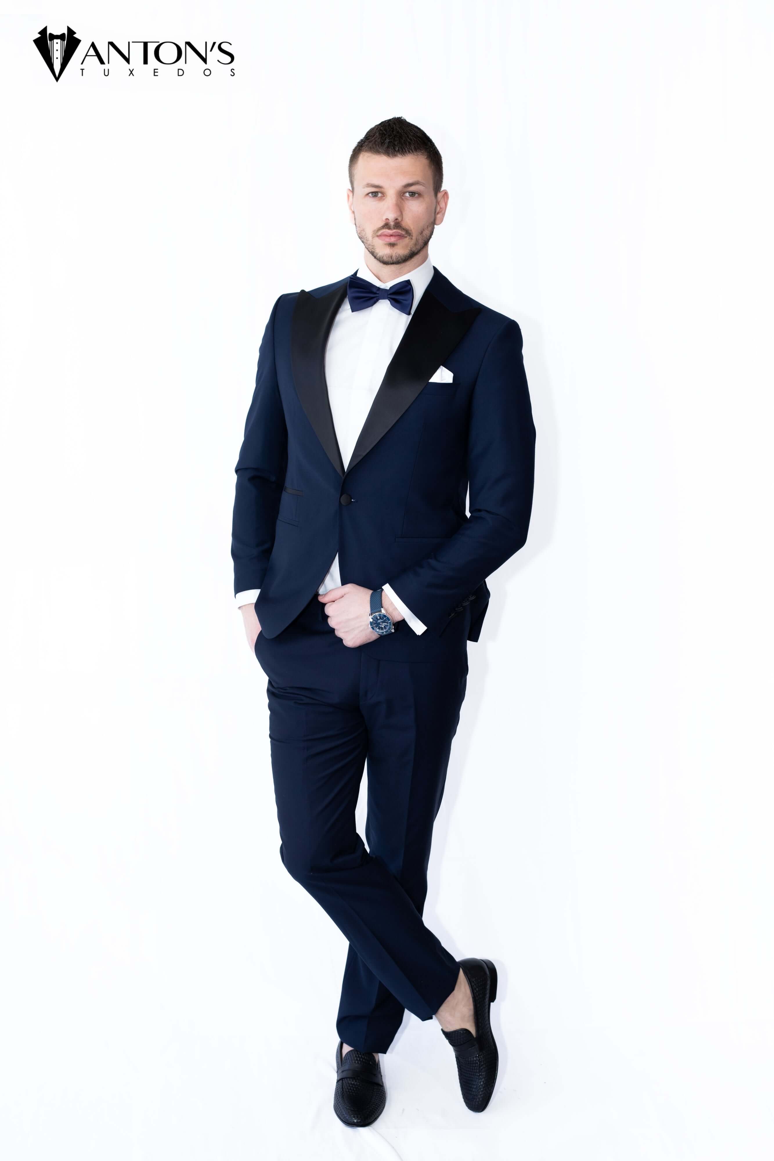 Navy Blue Tuxedo with Black Peak Lapel 100 Italian Wool 48