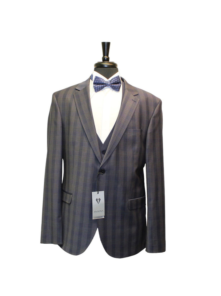 Checkered Navy 3-Piece Suit with Jacket, Vest, and Pants, Perfect for Special Occasions, Made of 88% Wool, 9% Polyamide, 3% Elastin