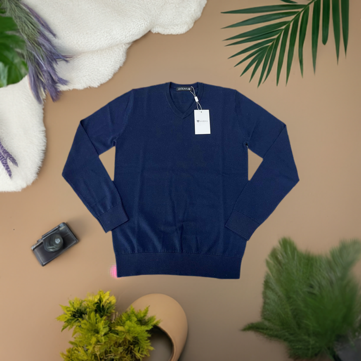 Navy V Neck Merino Wool Sweater - 100% Merino Wool