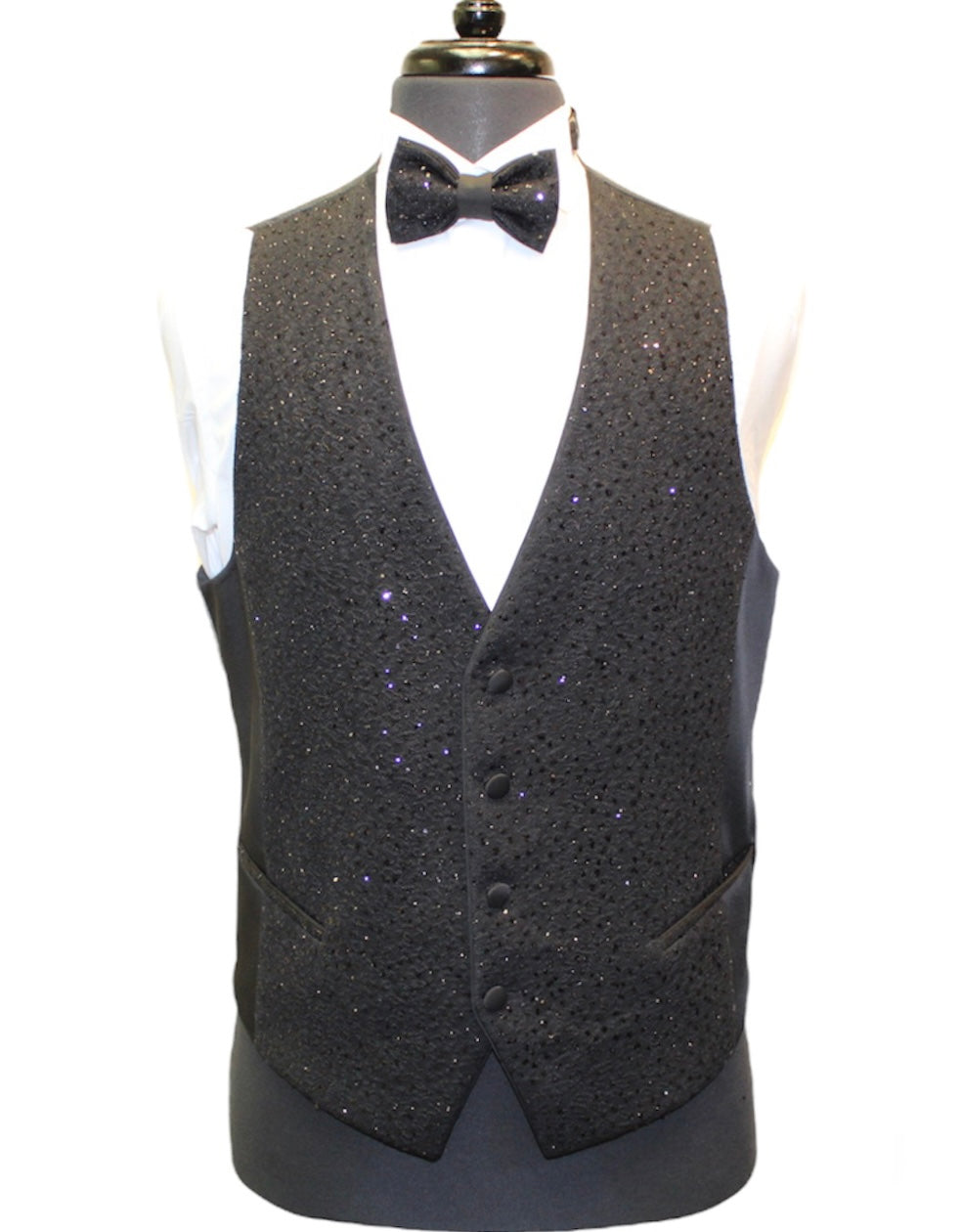 Black sparkle tuxedo with matching vest and bow tie on display mannequin.